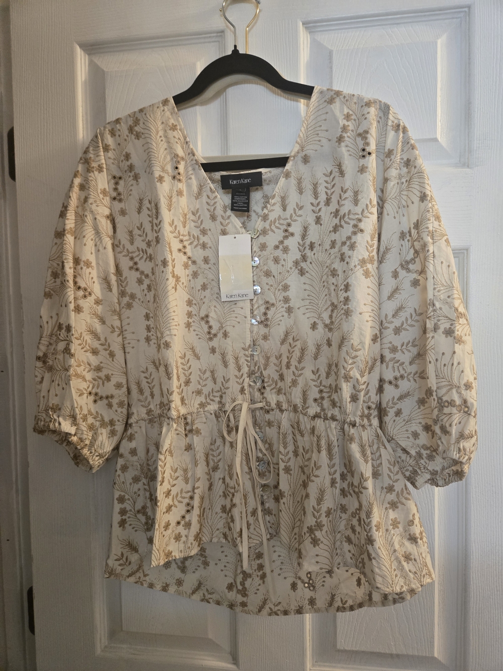 Karen Kane Cream Floral Print Drawstring Peplum Top